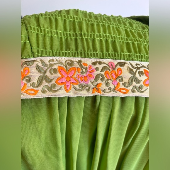 1970s Chartreuse Chiffon Victorian Medieval Revival Maxi Dress Gown - Picture 8 of 9